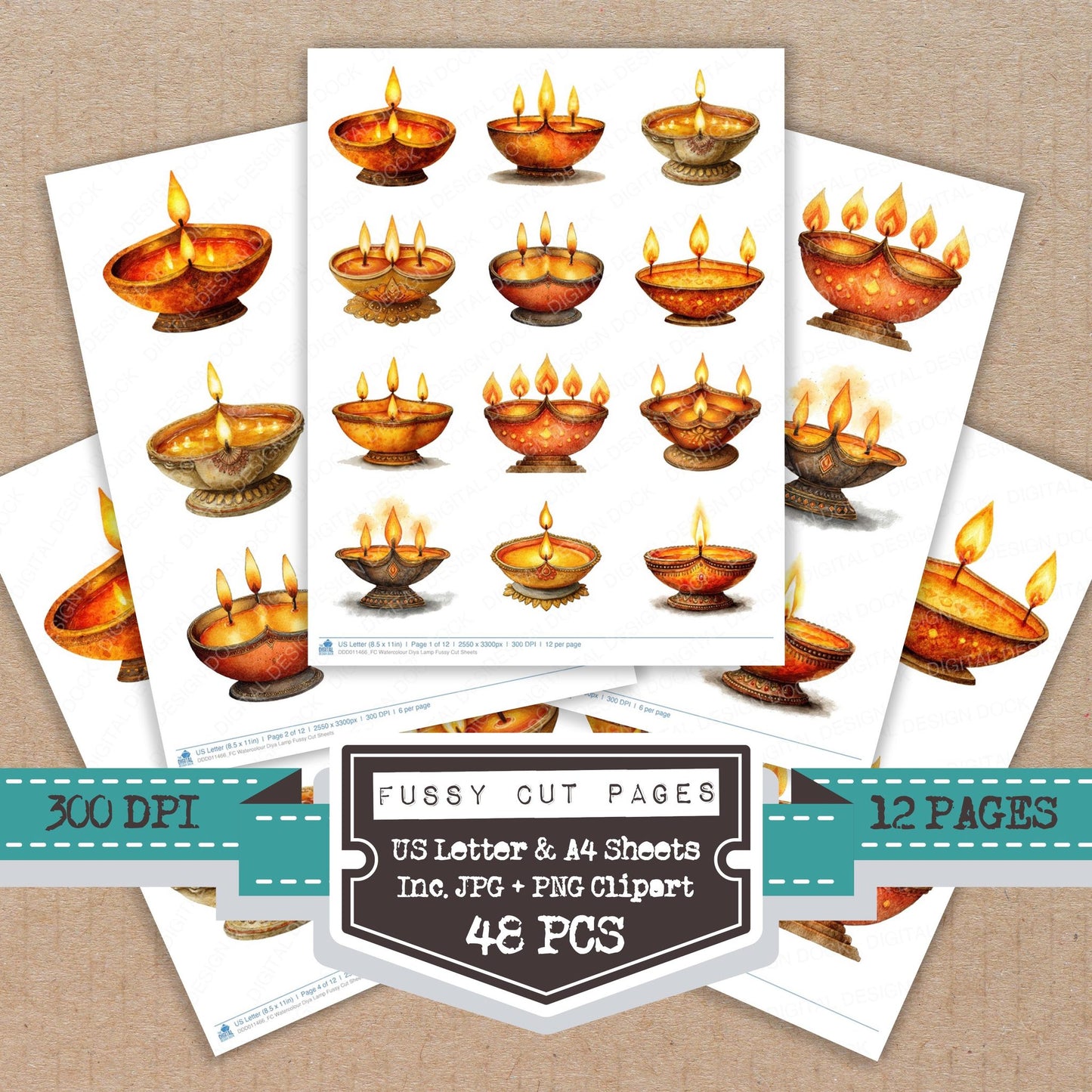 Watercolour Diya Lamp fussy cut printable sheets for junk journaling, scrapbooking, and paper craft projects
