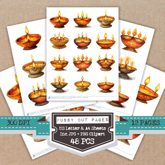 Watercolour Diya Lamp fussy cut printable sheets for junk journaling, scrapbooking, and paper craft projects
