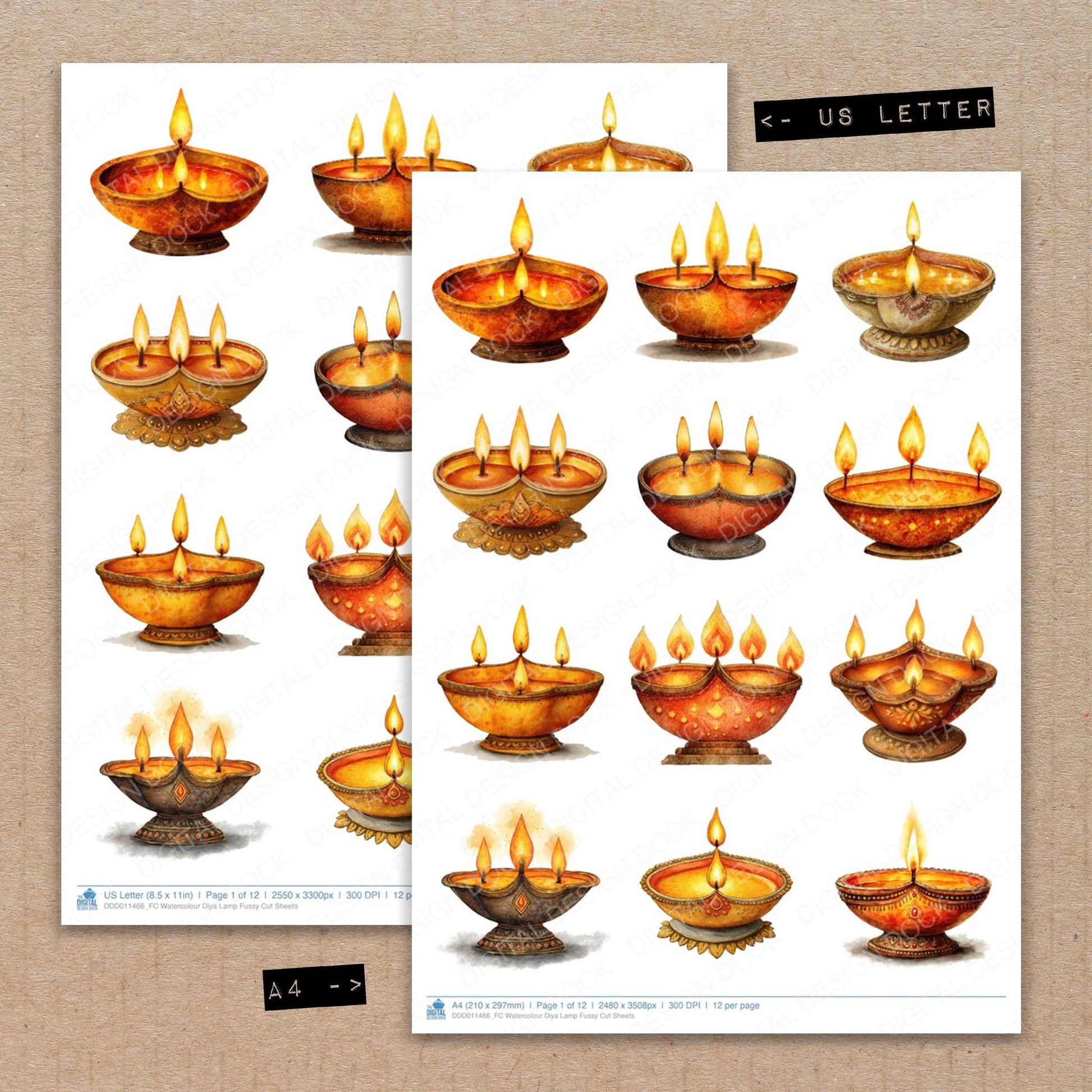 A4 and US Letter format comparison showing Watercolour Diya Lamp fussy cut pages for print and cut crafting