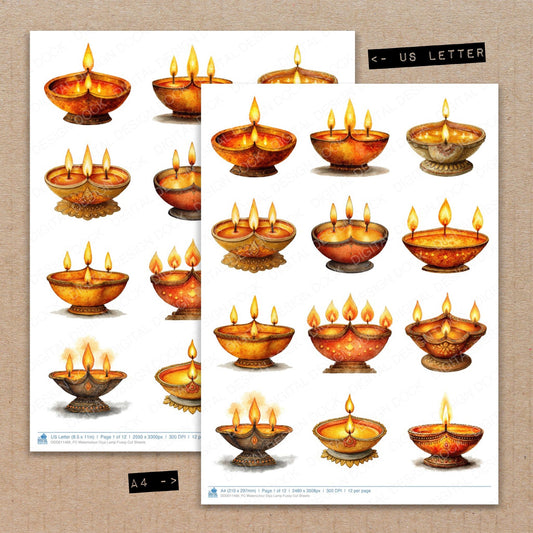 A4 and US Letter format comparison showing Watercolour Diya Lamp fussy cut pages for print and cut crafting
