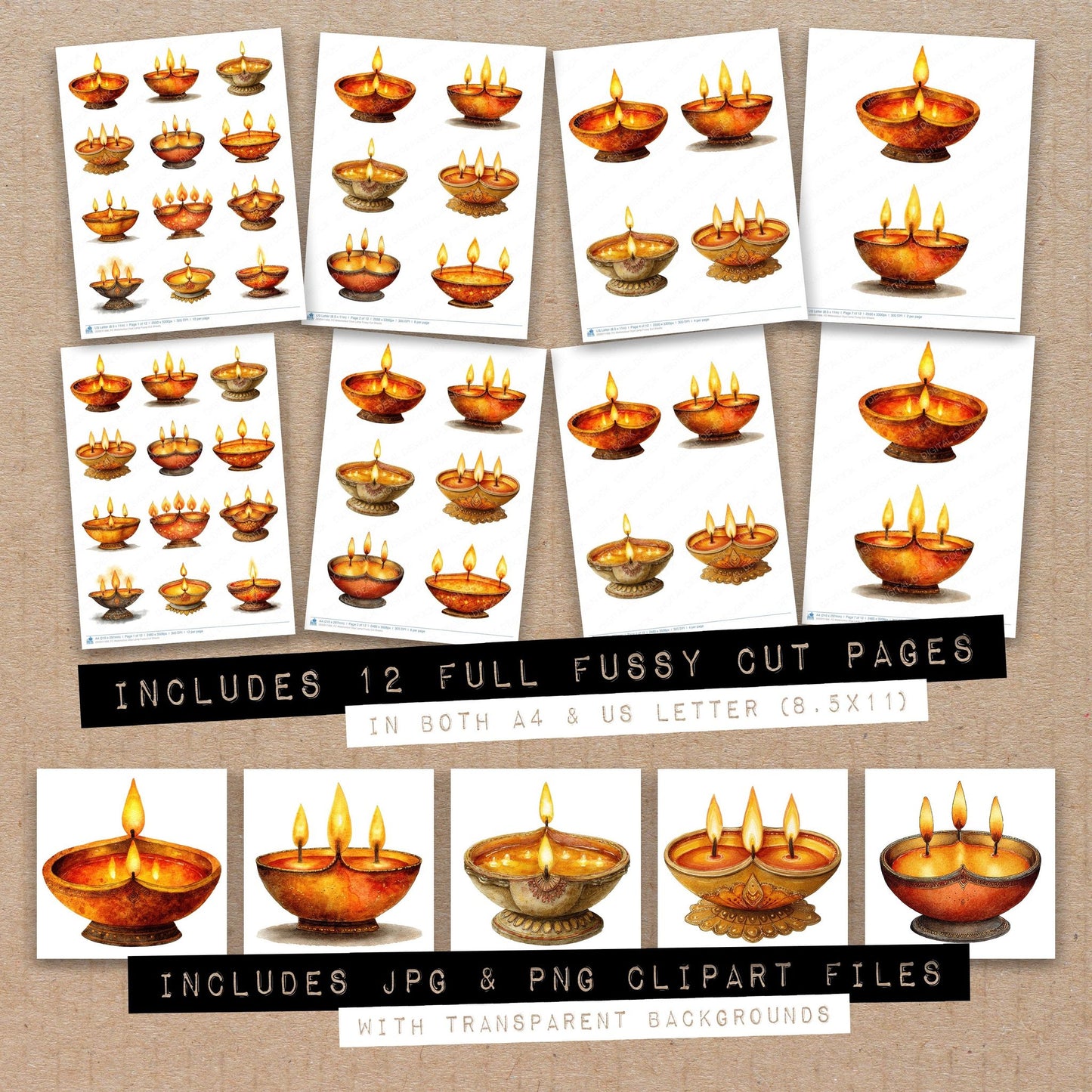 Full collection view of Watercolour Diya Lamp fussy cut sheets with bonus clipart JPG and PNG files