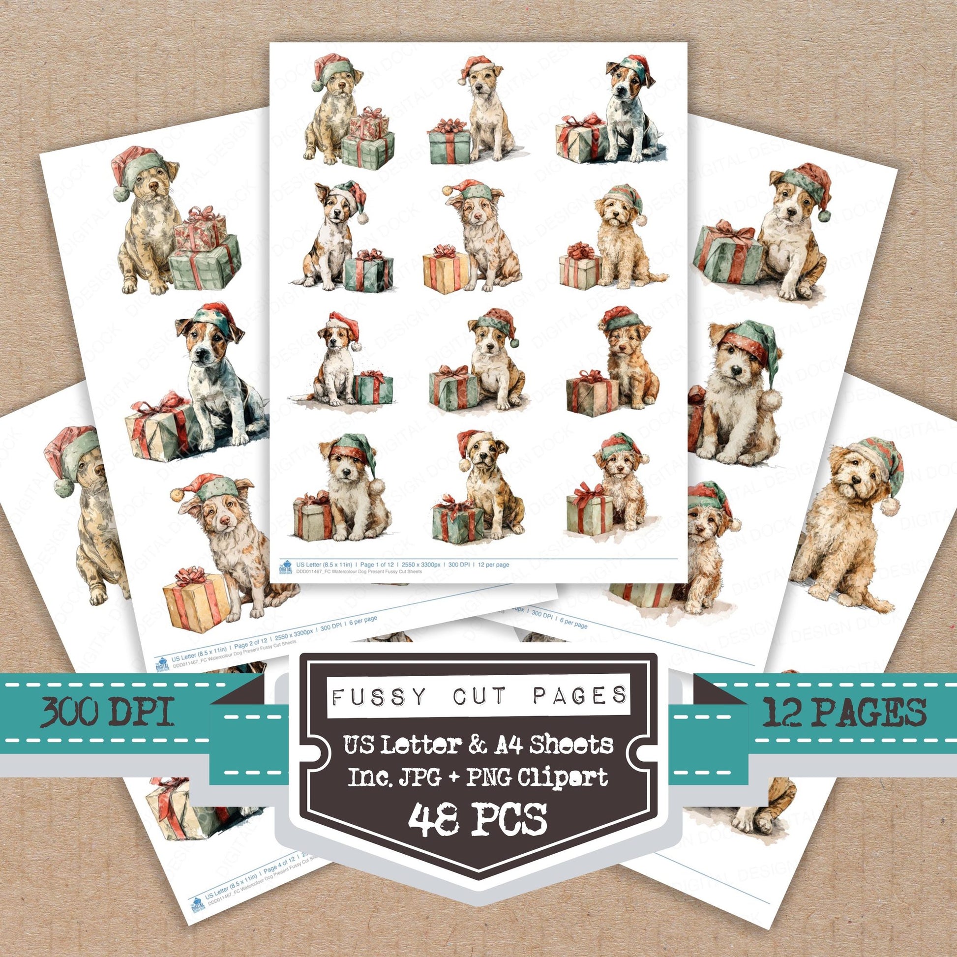 Watercolour Dog Present fussy cut printable sheets for junk journaling, scrapbooking, and paper craft projects