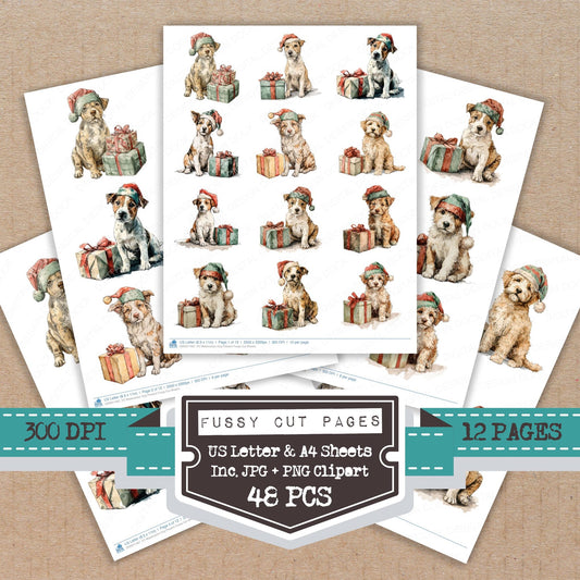 Watercolour Dog Present fussy cut printable sheets for junk journaling, scrapbooking, and paper craft projects