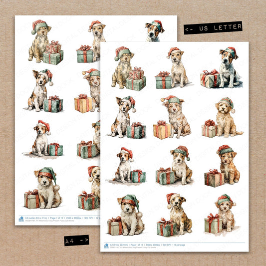 A4 and US Letter format comparison showing Watercolour Dog Present fussy cut pages for print and cut crafting