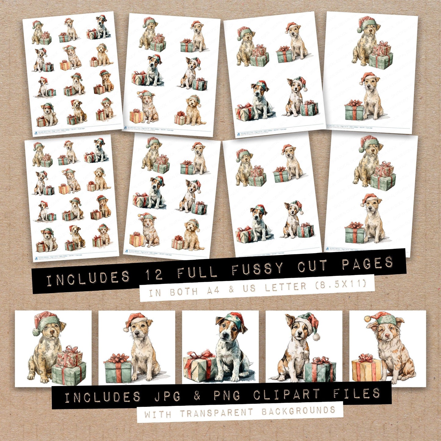 Full collection view of Watercolour Dog Present fussy cut sheets with bonus clipart JPG and PNG files
