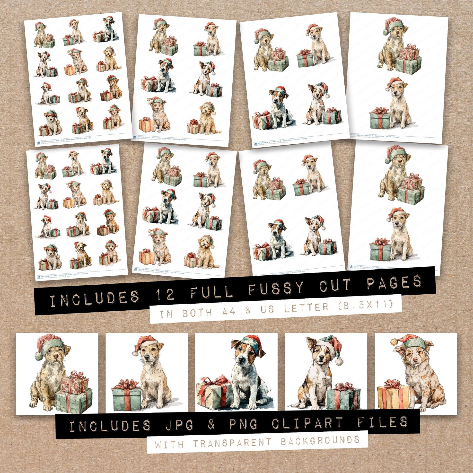 Full collection view of Watercolour Dog Present fussy cut sheets with bonus clipart JPG and PNG files