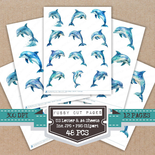 Watercolour Dolphin fussy cut printable sheets for junk journaling, scrapbooking, and paper craft projects
