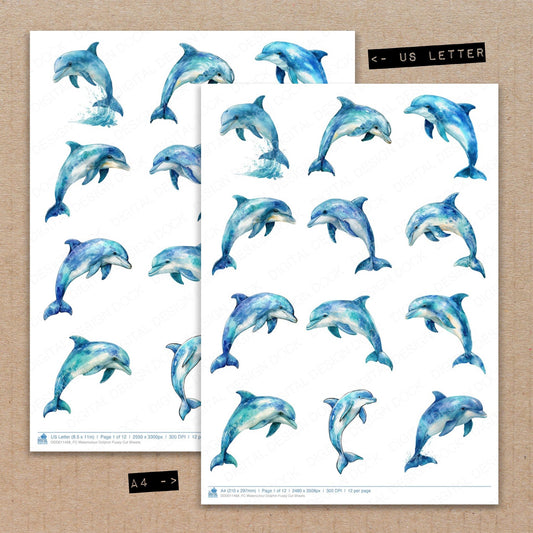 A4 and US Letter format comparison showing Watercolour Dolphin fussy cut pages for print and cut crafting