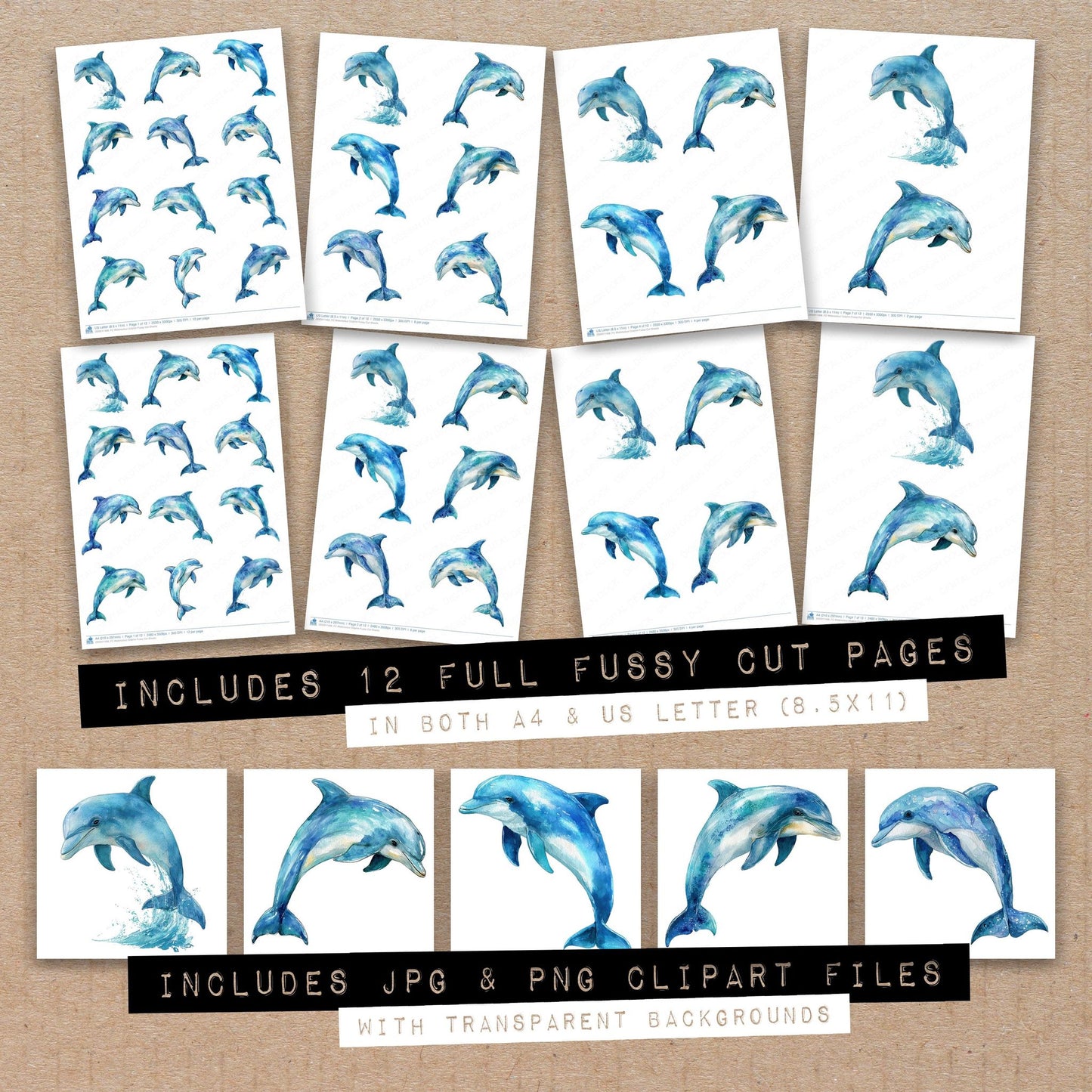 Full collection view of Watercolour Dolphin fussy cut sheets with bonus clipart JPG and PNG files