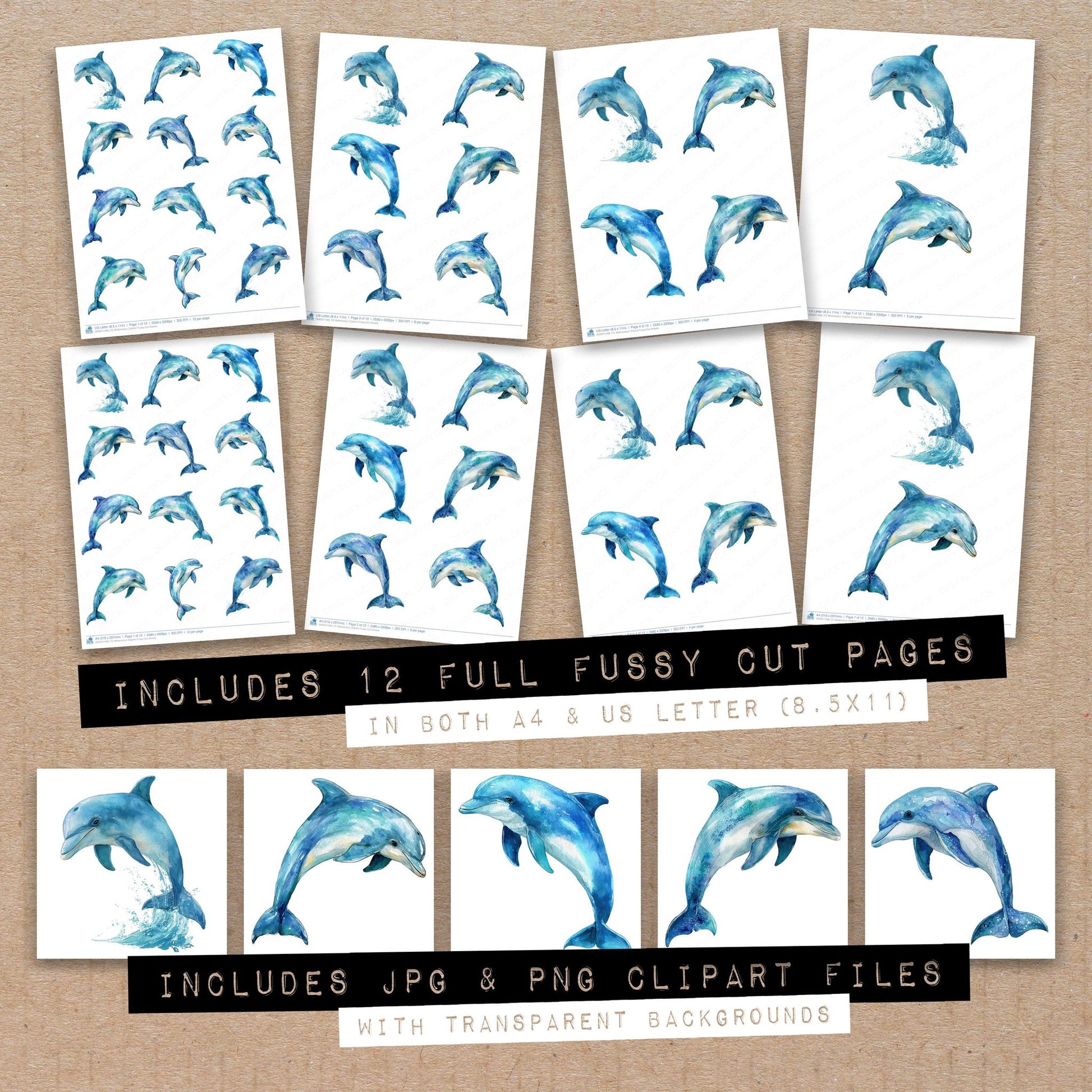 Full collection view of Watercolour Dolphin fussy cut sheets with bonus clipart JPG and PNG files