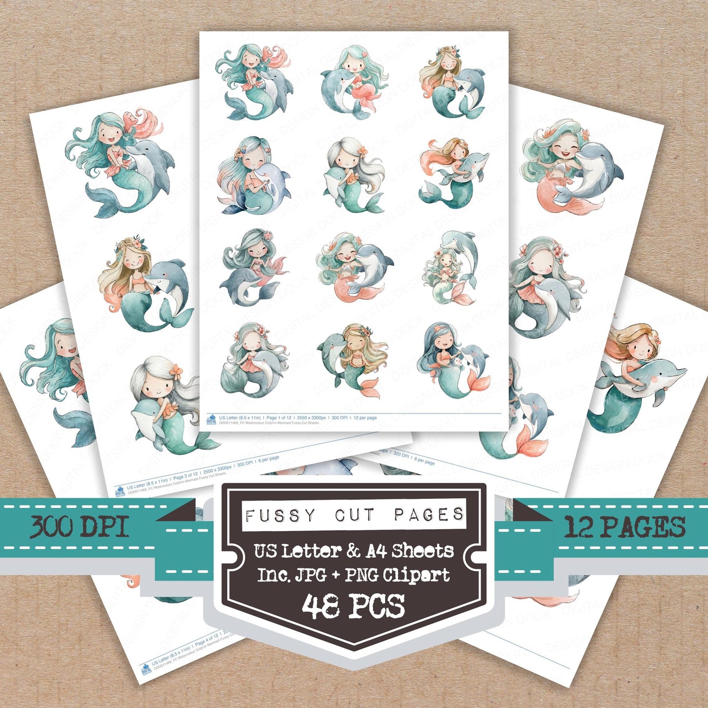 Watercolour Dolphin Mermaid fussy cut printable sheets for junk journaling, scrapbooking, and paper craft projects