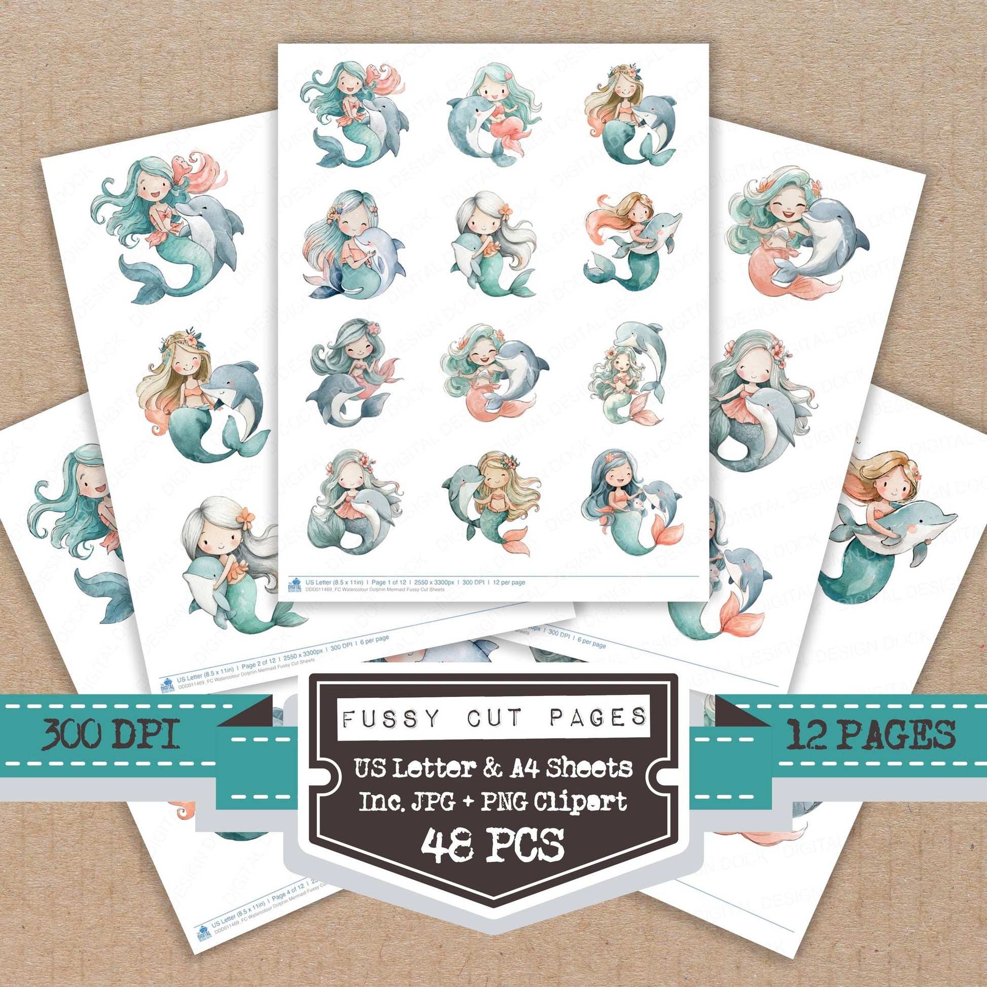Watercolour Dolphin Mermaid fussy cut printable sheets for junk journaling, scrapbooking, and paper craft projects