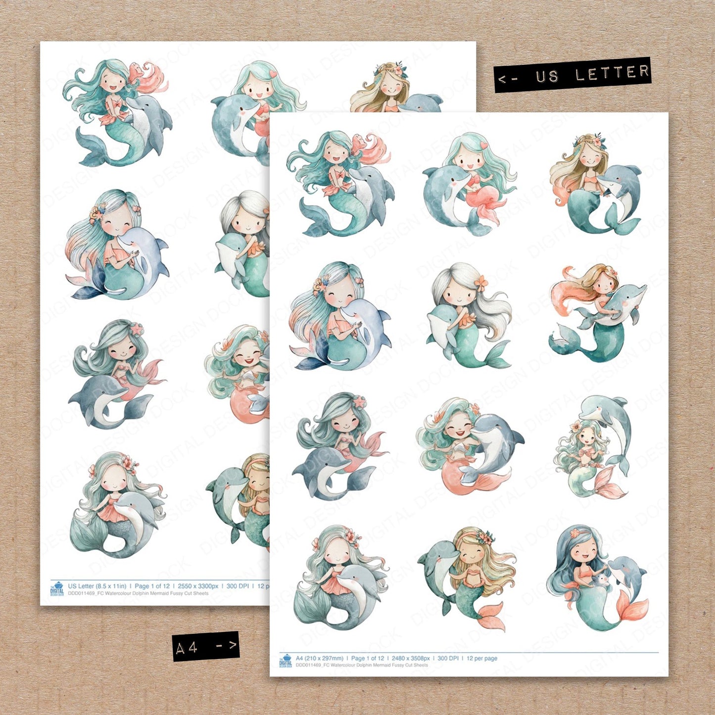 A4 and US Letter format comparison showing Watercolour Dolphin Mermaid fussy cut pages for print and cut crafting