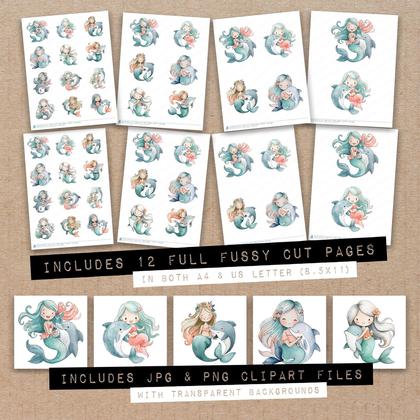 Full collection view of Watercolour Dolphin Mermaid fussy cut sheets with bonus clipart JPG and PNG files
