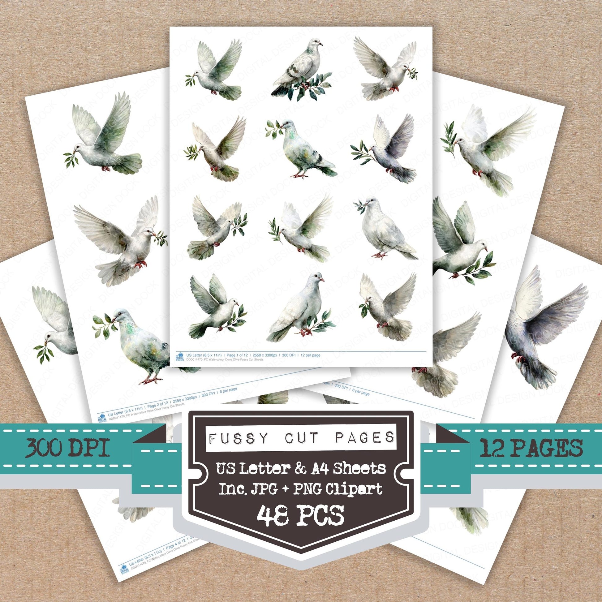 Watercolour Dove Olive fussy cut printable sheets for junk journaling, scrapbooking, and paper craft projects