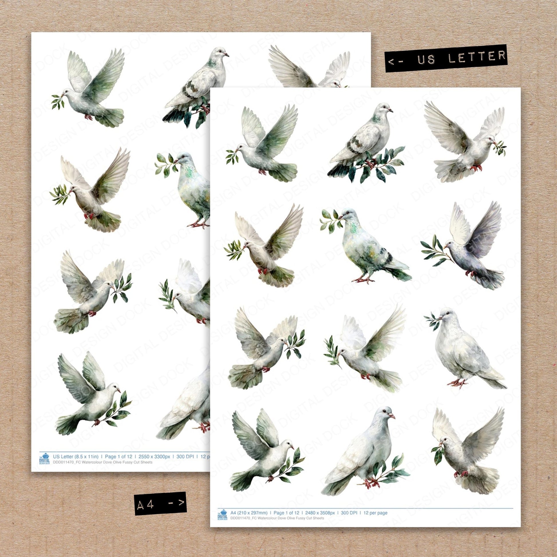 A4 and US Letter format comparison showing Watercolour Dove Olive fussy cut pages for print and cut crafting