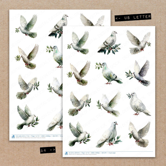 A4 and US Letter format comparison showing Watercolour Dove Olive fussy cut pages for print and cut crafting