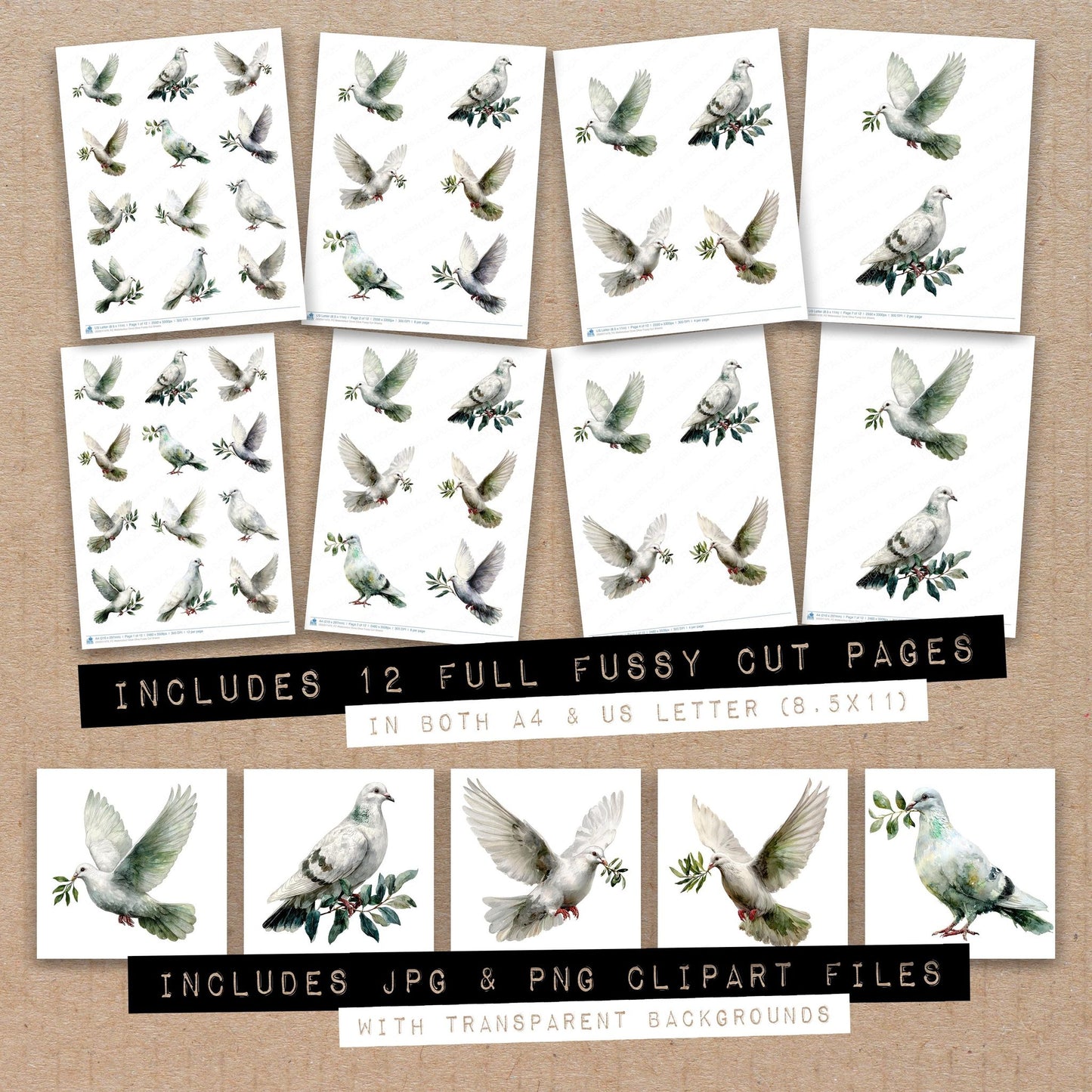 Full collection view of Watercolour Dove Olive fussy cut sheets with bonus clipart JPG and PNG files