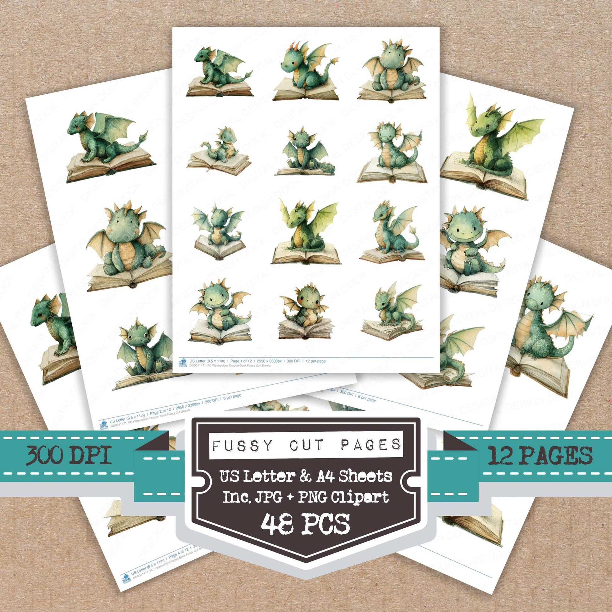 Watercolour Dragon Book fussy cut printable sheets for junk journaling, scrapbooking, and paper craft projects