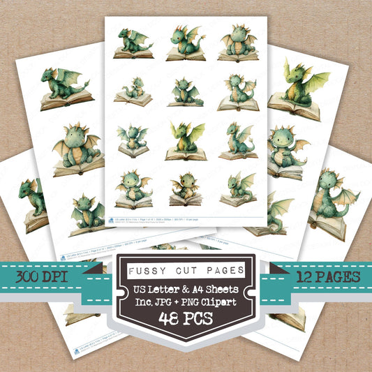 Watercolour Dragon Book fussy cut printable sheets for junk journaling, scrapbooking, and paper craft projects