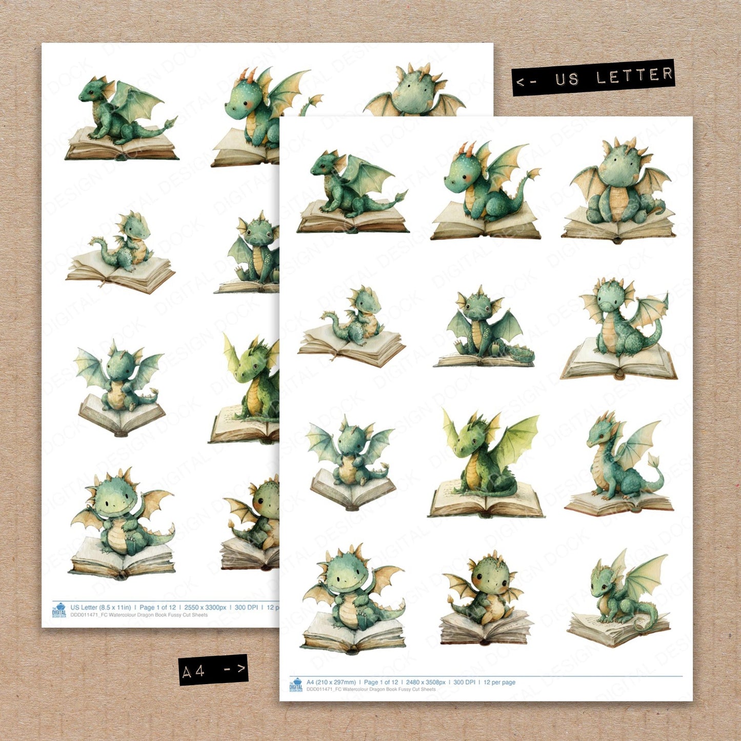 A4 and US Letter format comparison showing Watercolour Dragon Book fussy cut pages for print and cut crafting