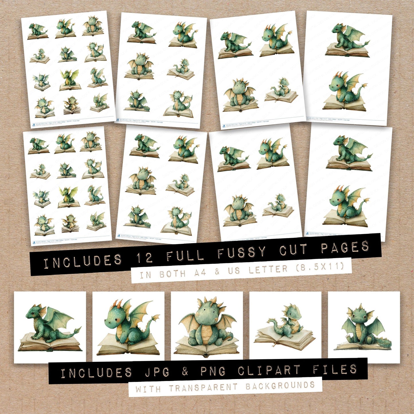 Full collection view of Watercolour Dragon Book fussy cut sheets with bonus clipart JPG and PNG files