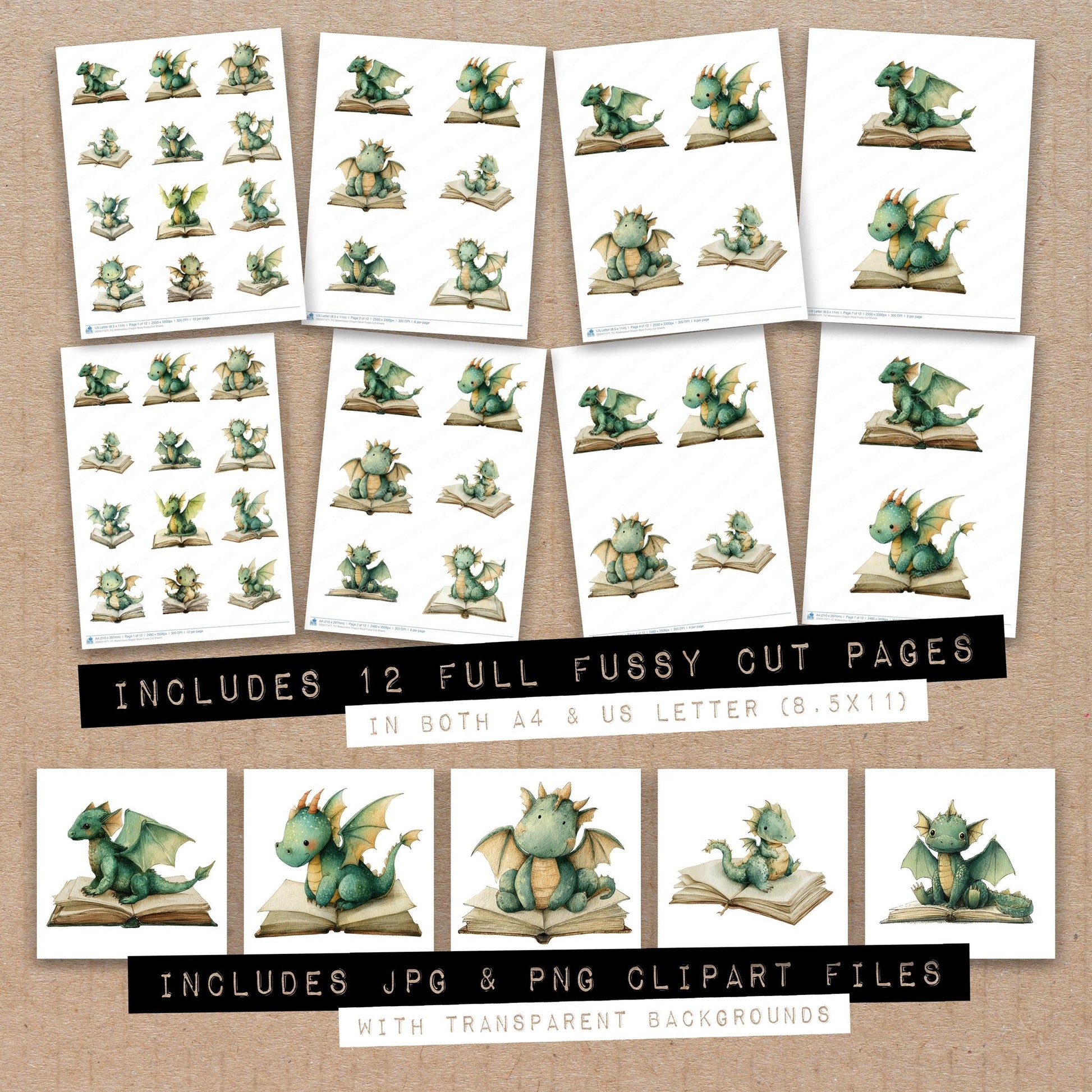 Full collection view of Watercolour Dragon Book fussy cut sheets with bonus clipart JPG and PNG files