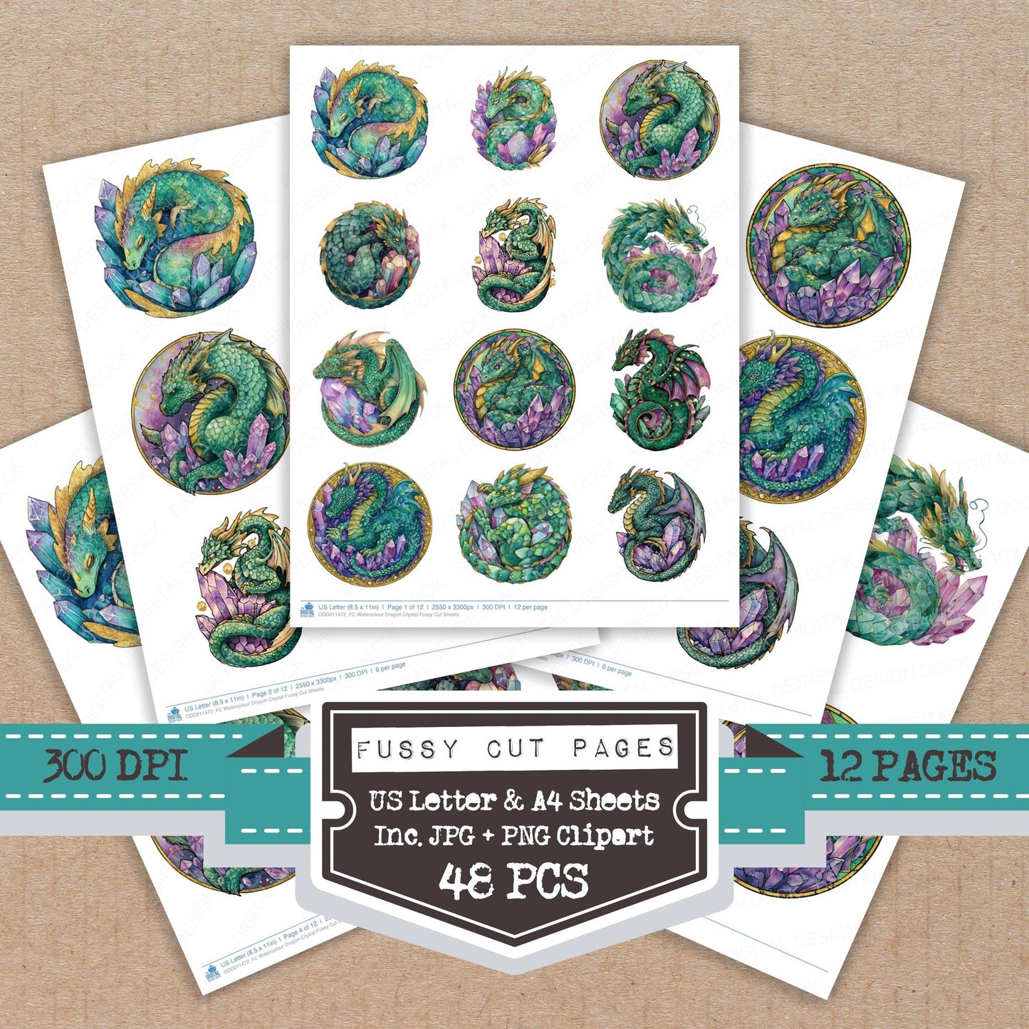 Watercolour Dragon Crystal fussy cut printable sheets for junk journaling, scrapbooking, and paper craft projects