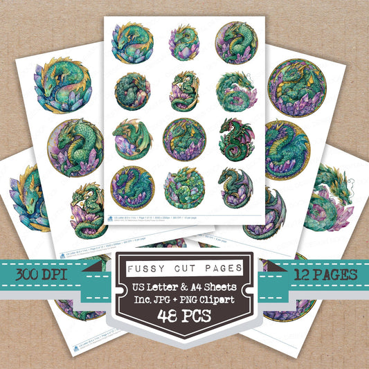 Watercolour Dragon Crystal fussy cut printable sheets for junk journaling, scrapbooking, and paper craft projects