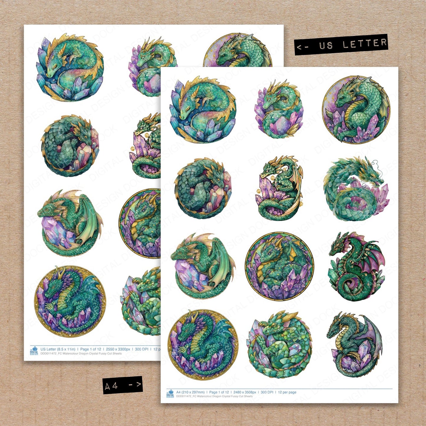 A4 and US Letter format comparison showing Watercolour Dragon Crystal fussy cut pages for print and cut crafting