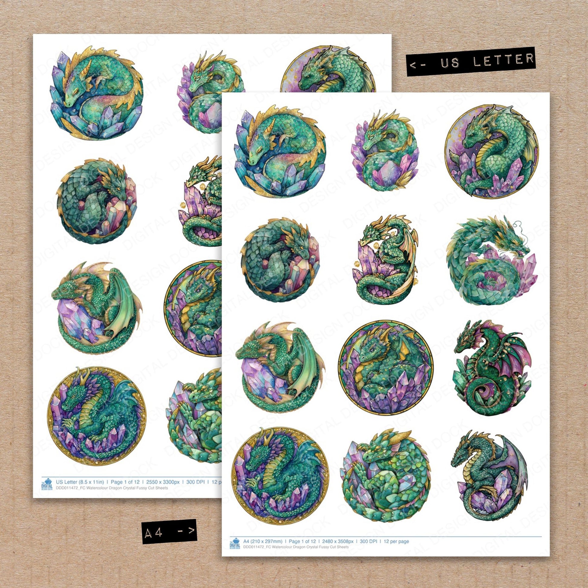 A4 and US Letter format comparison showing Watercolour Dragon Crystal fussy cut pages for print and cut crafting