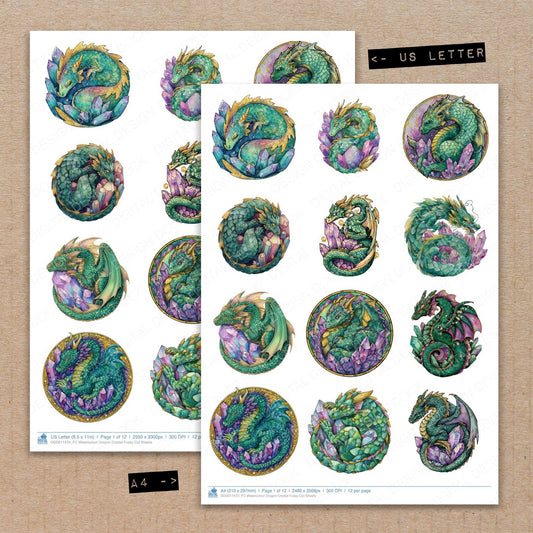 A4 and US Letter format comparison showing Watercolour Dragon Crystal fussy cut pages for print and cut crafting