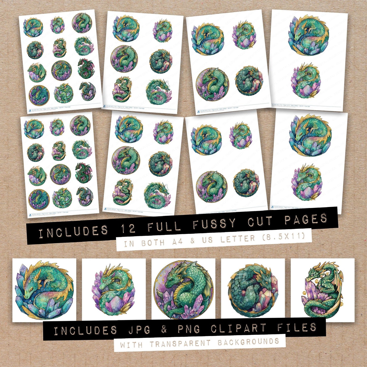 Full collection view of Watercolour Dragon Crystal fussy cut sheets with bonus clipart JPG and PNG files