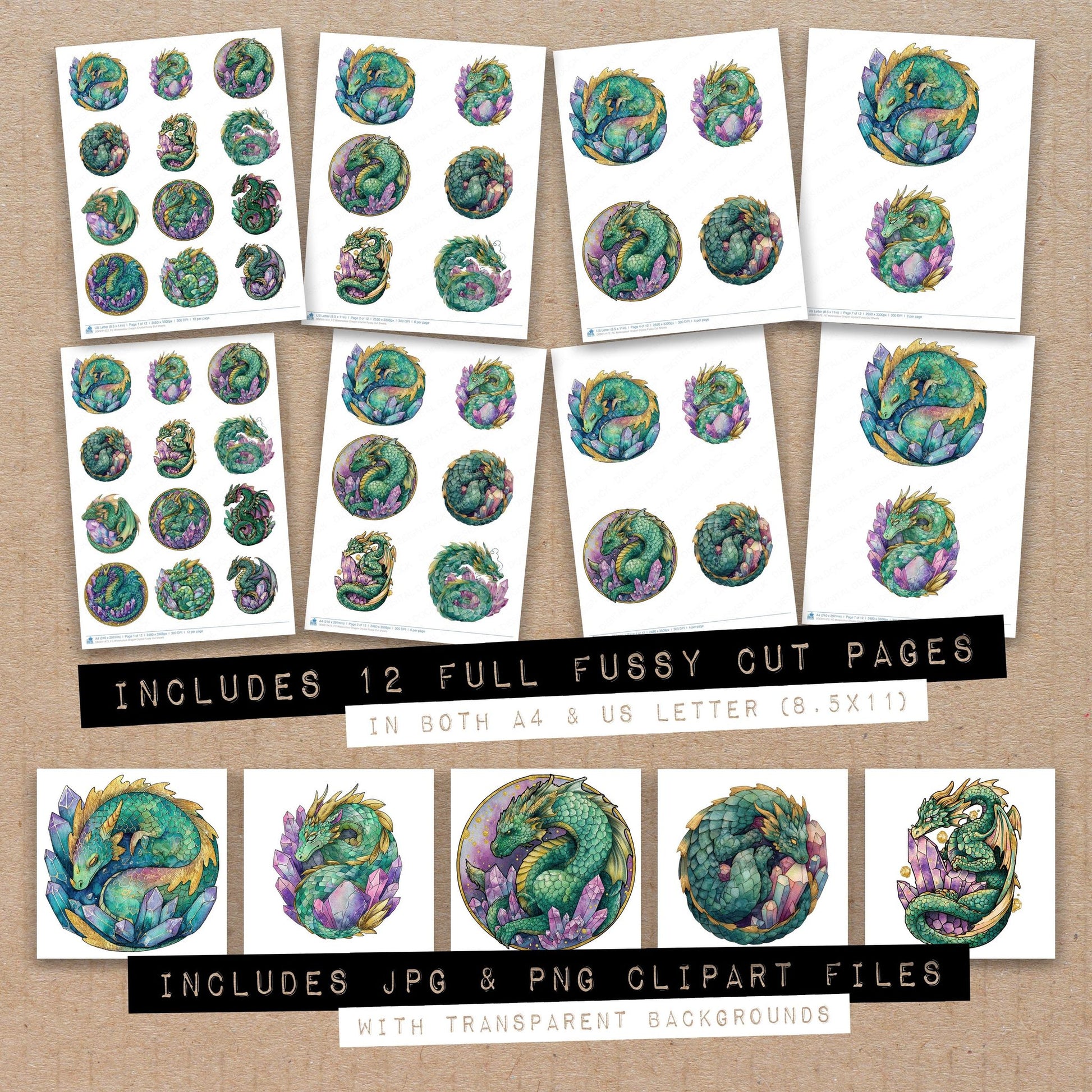 Full collection view of Watercolour Dragon Crystal fussy cut sheets with bonus clipart JPG and PNG files