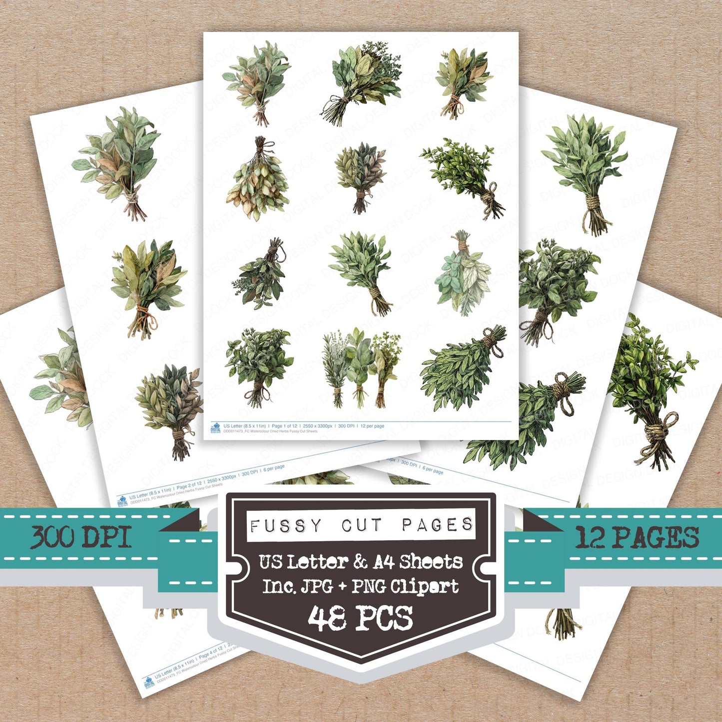 Watercolour Dried Herbs fussy cut printable sheets for junk journaling, scrapbooking, and paper craft projects