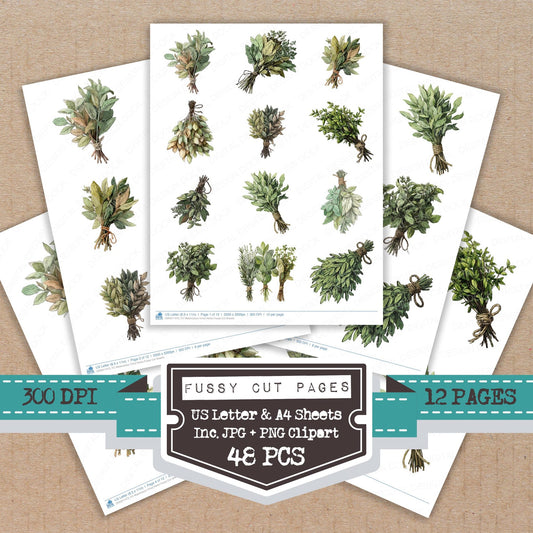 Watercolour Dried Herbs fussy cut printable sheets for junk journaling, scrapbooking, and paper craft projects