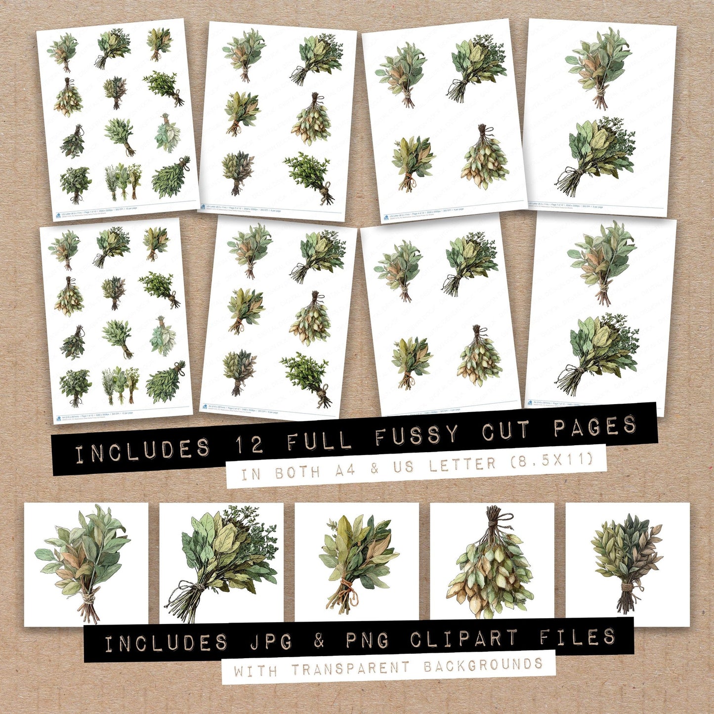 Full collection view of Watercolour Dried Herbs fussy cut sheets with bonus clipart JPG and PNG files