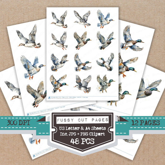 Watercolour Duck in Mid flight fussy cut printable sheets for junk journaling, scrapbooking, and paper craft projects
