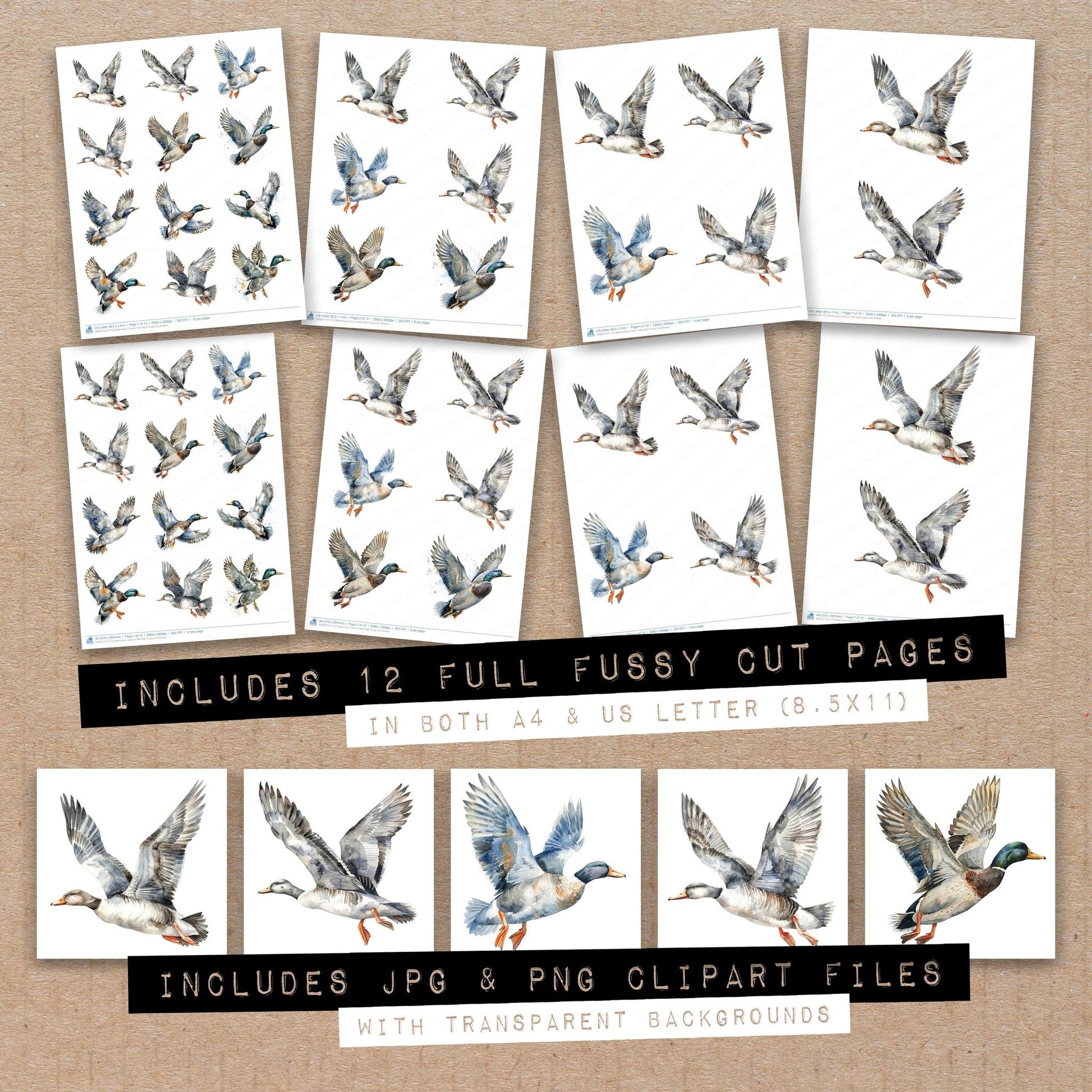 Full collection view of Watercolour Duck in Mid flight fussy cut sheets with bonus clipart JPG and PNG files