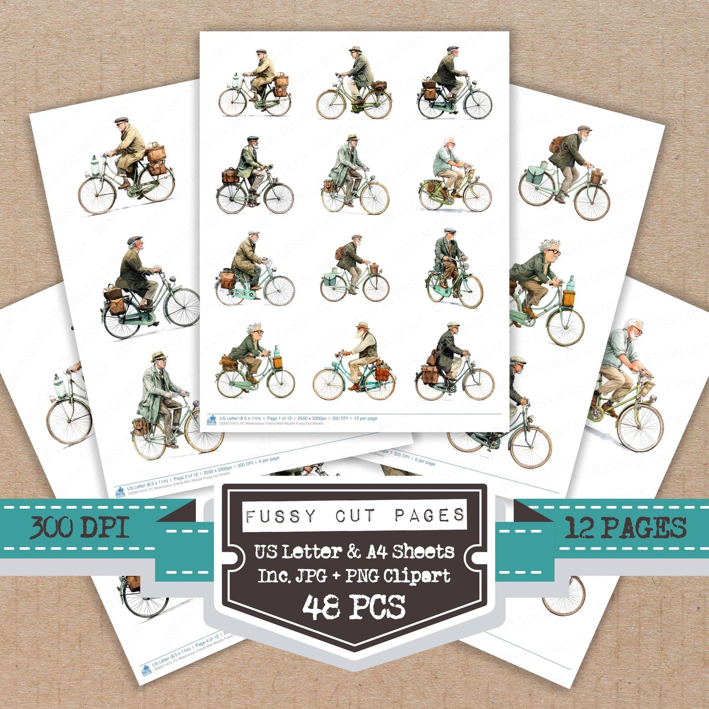Watercolour Elderly Man Bicycle fussy cut printable sheets for junk journaling, scrapbooking, and paper craft projects