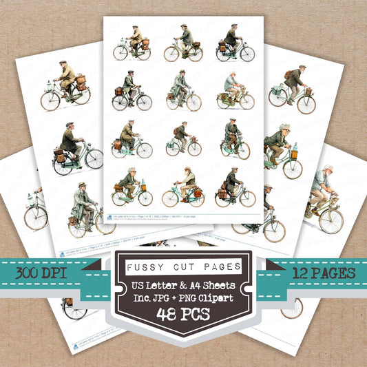 Watercolour Elderly Man Bicycle fussy cut printable sheets for junk journaling, scrapbooking, and paper craft projects