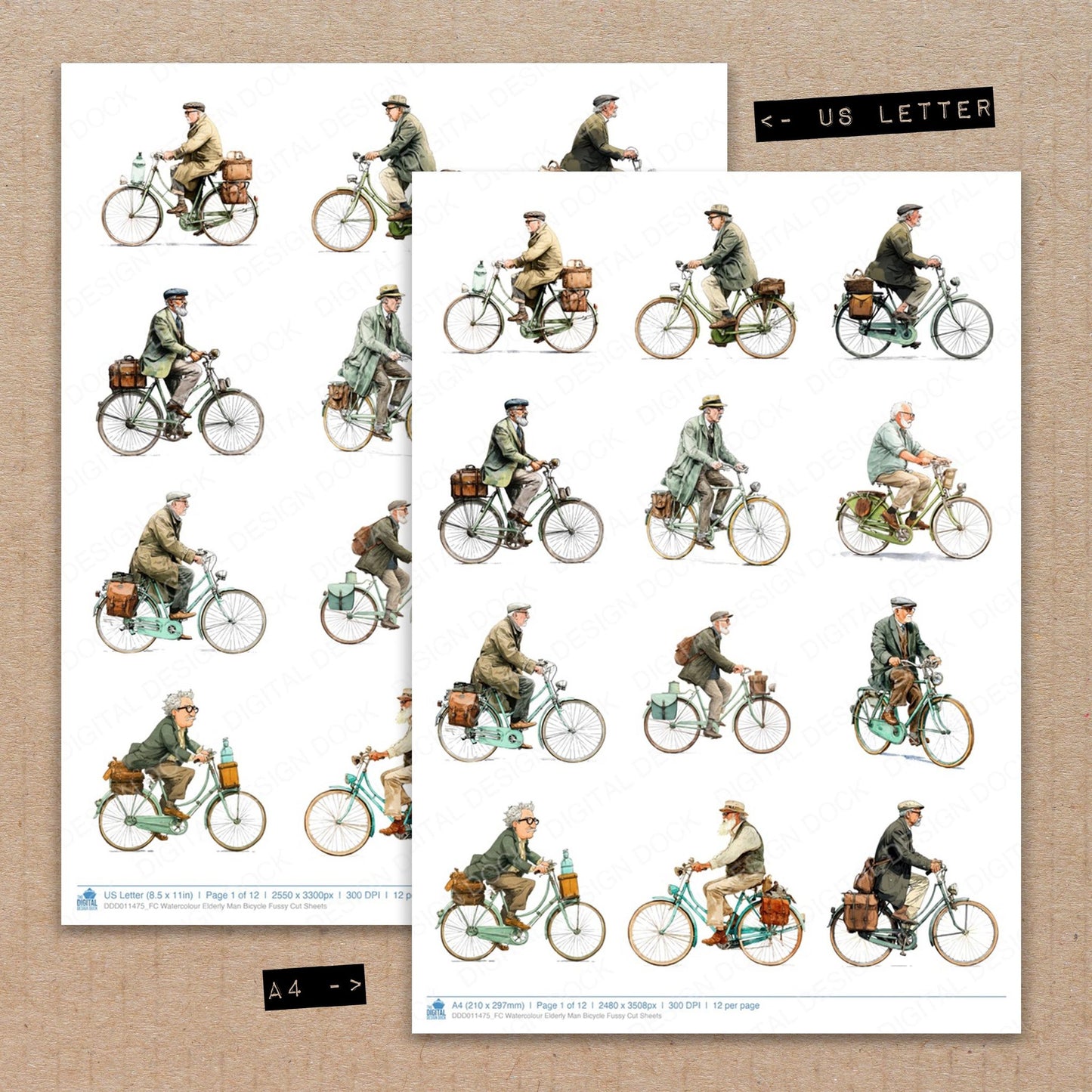 A4 and US Letter format comparison showing Watercolour Elderly Man Bicycle fussy cut pages for print and cut crafting