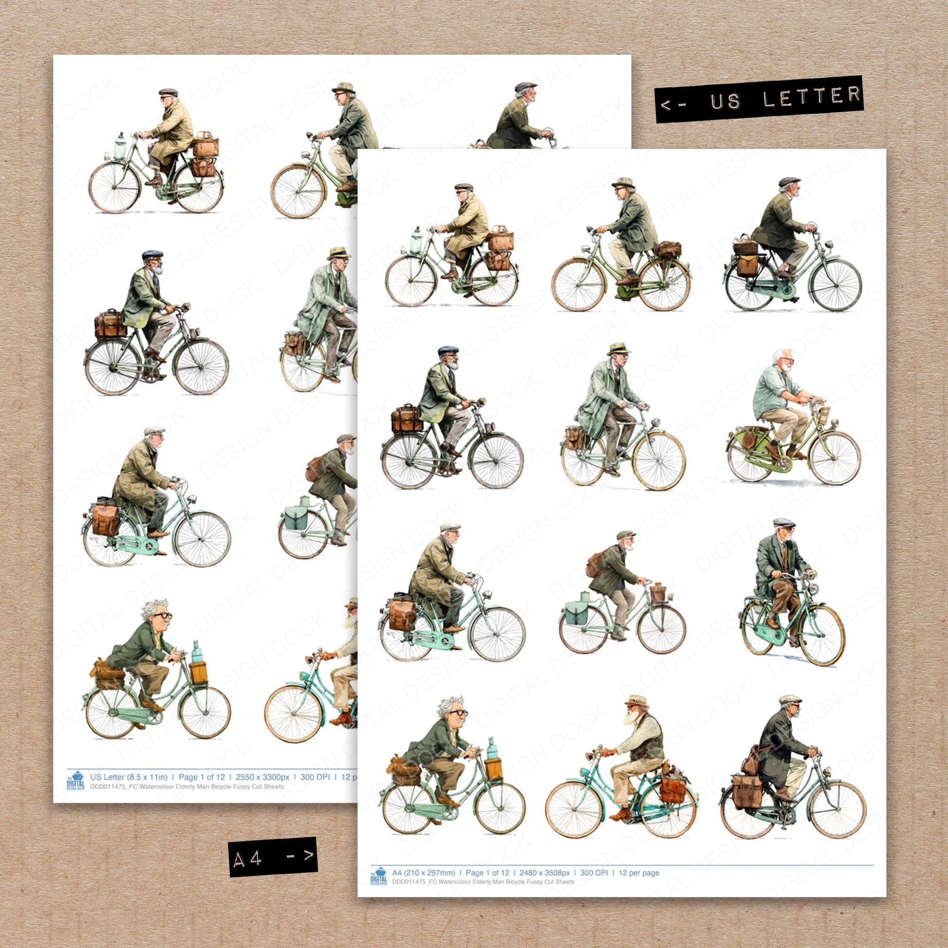 A4 and US Letter format comparison showing Watercolour Elderly Man Bicycle fussy cut pages for print and cut crafting