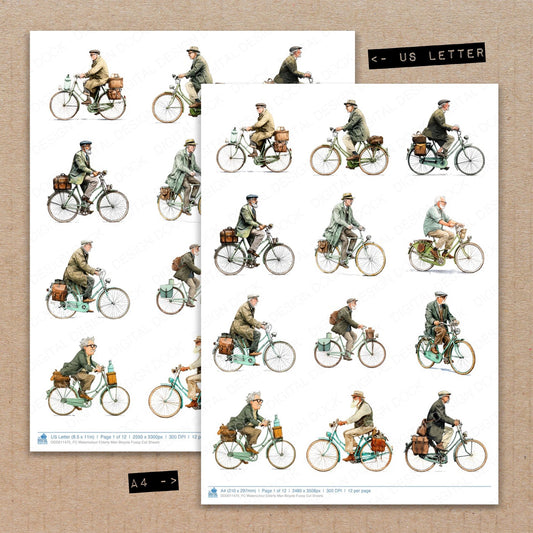 A4 and US Letter format comparison showing Watercolour Elderly Man Bicycle fussy cut pages for print and cut crafting