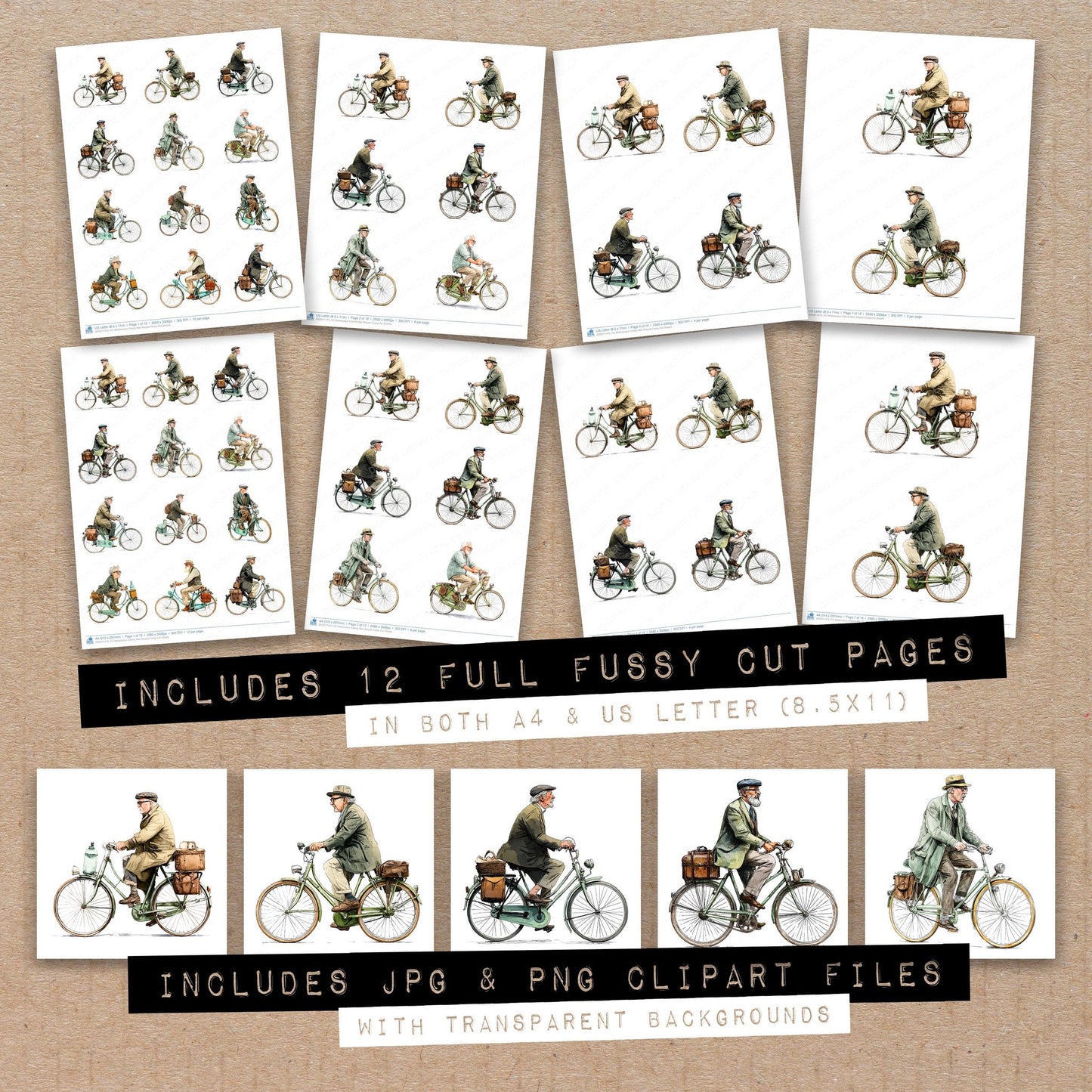 Full collection view of Watercolour Elderly Man Bicycle fussy cut sheets with bonus clipart JPG and PNG files