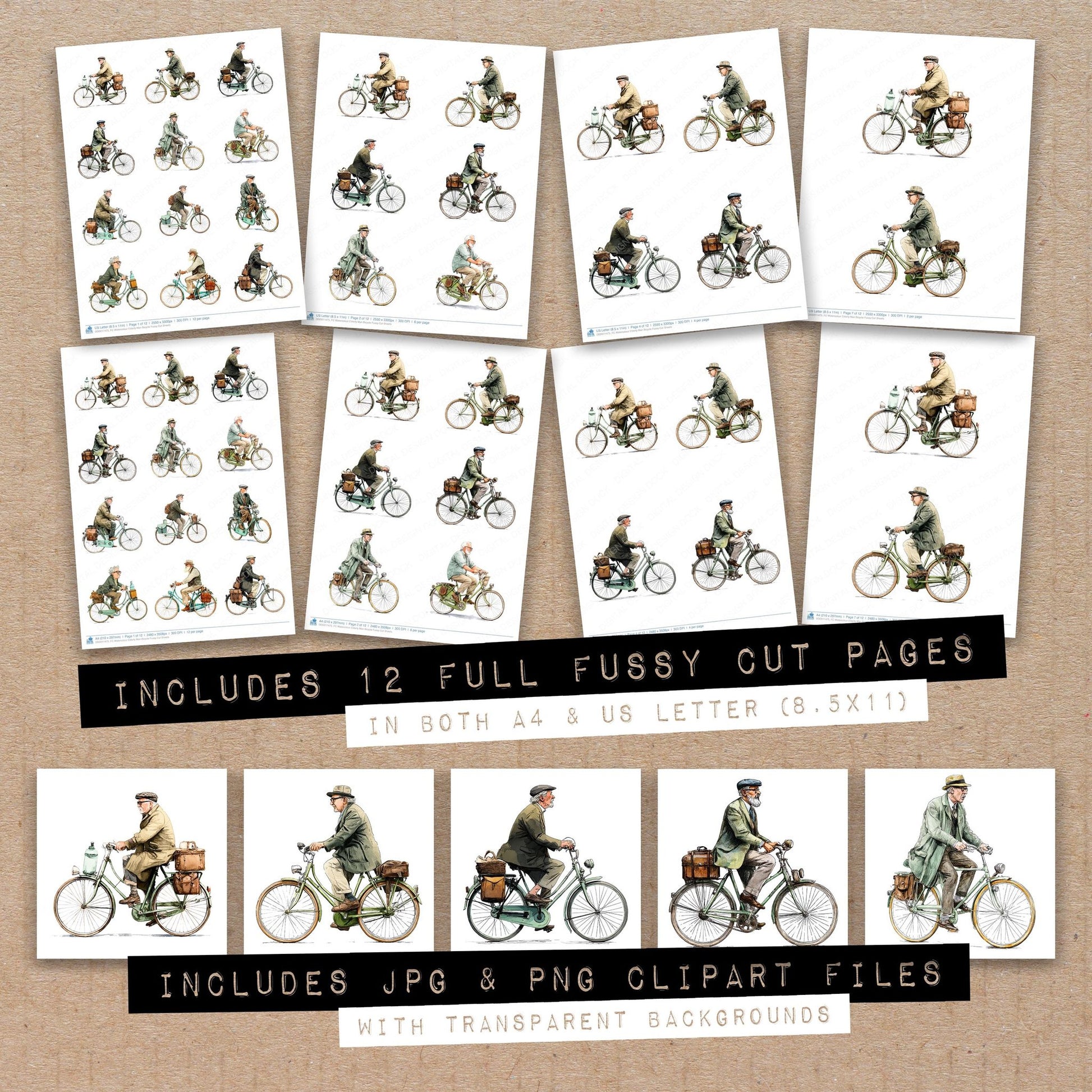 Full collection view of Watercolour Elderly Man Bicycle fussy cut sheets with bonus clipart JPG and PNG files