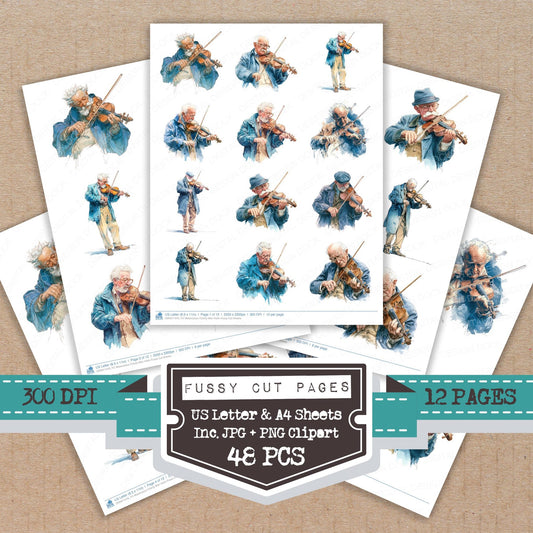Watercolour Elderly Man Violin fussy cut printable sheets for junk journaling, scrapbooking, and paper craft projects