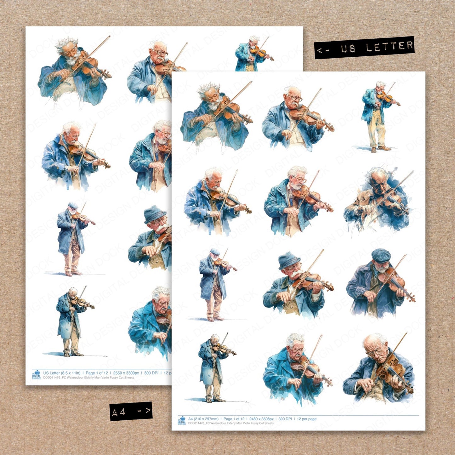 A4 and US Letter format comparison showing Watercolour Elderly Man Violin fussy cut pages for print and cut crafting