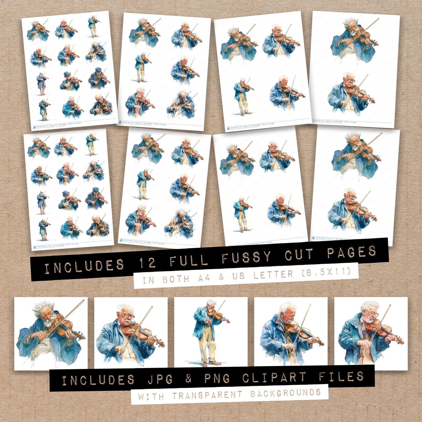 Full collection view of Watercolour Elderly Man Violin fussy cut sheets with bonus clipart JPG and PNG files