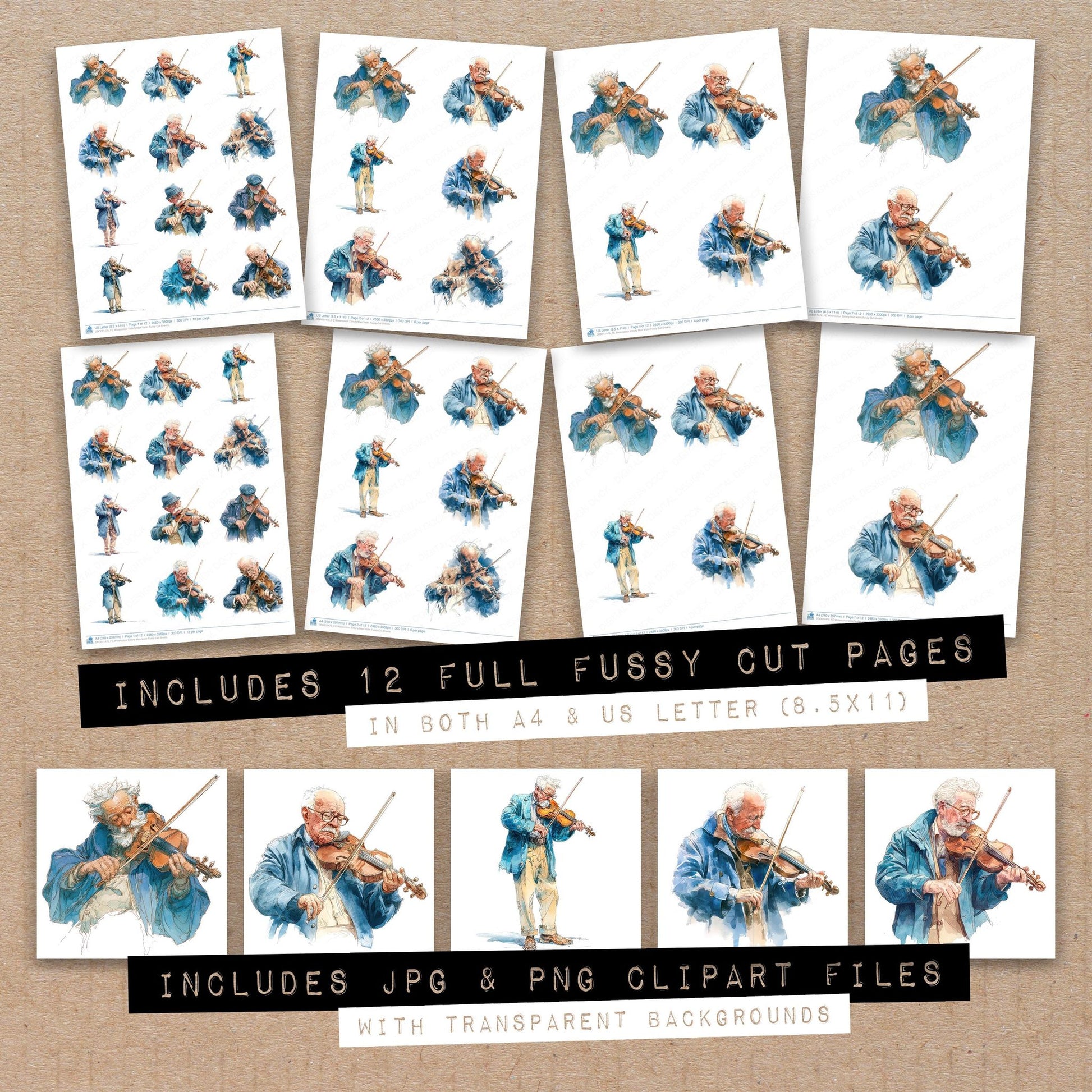 Full collection view of Watercolour Elderly Man Violin fussy cut sheets with bonus clipart JPG and PNG files